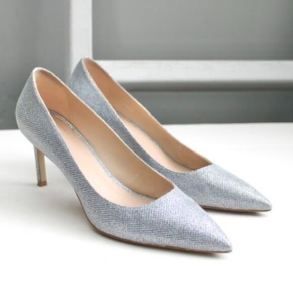 Stuart Weitzman Silver Leigh Metallic Stiletto Pointy Toe Pumps Size 9.5 - Picture 1 of 8